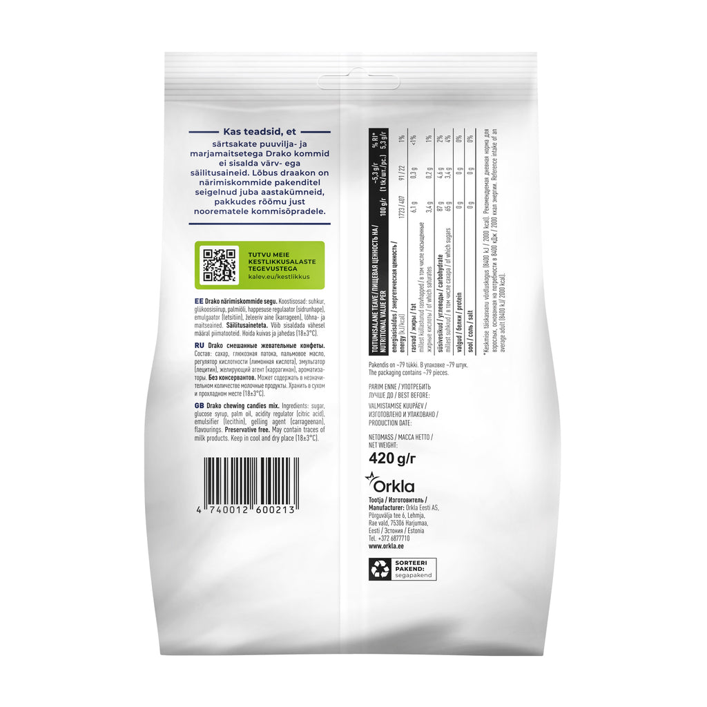 Kalev Drako košļājamās konfektes, asorti, 420g