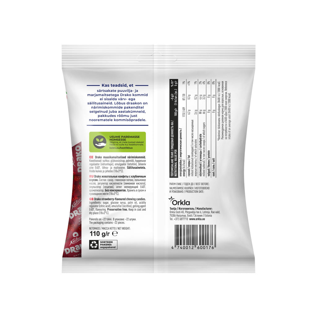 Kalev Drako zemeņu košļājamās konfektes 110g