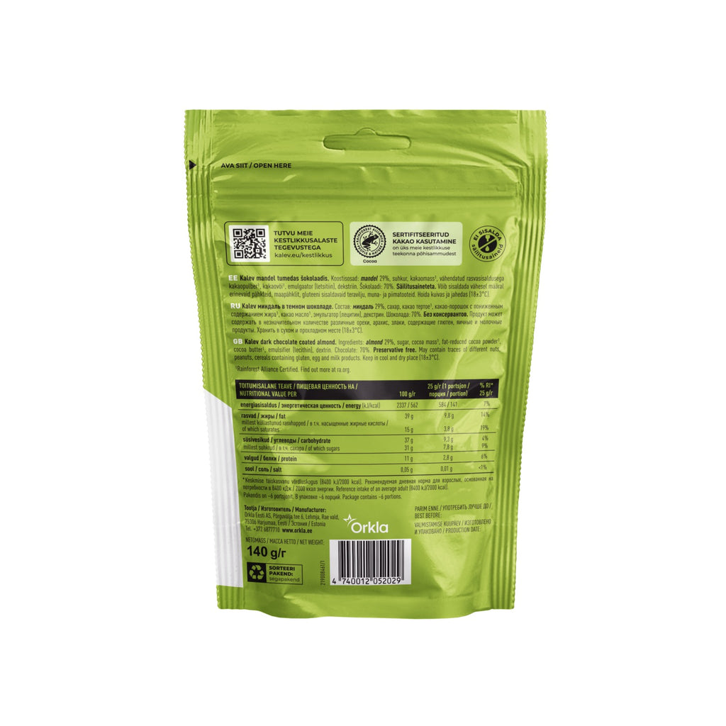 Kalev mandeļu tumšā šokolāde 140g