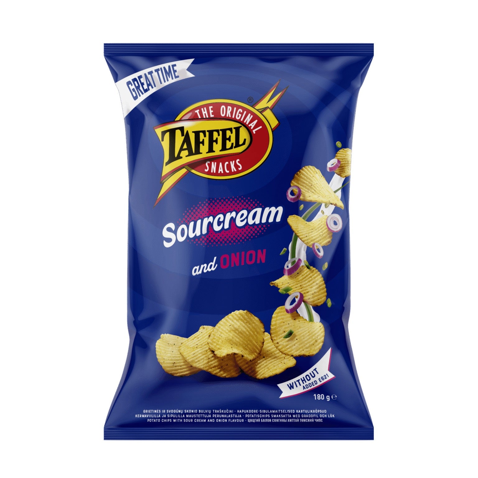 Taffel kartupeļu čipsi ar skābo krējumu un sīpoliem 180g