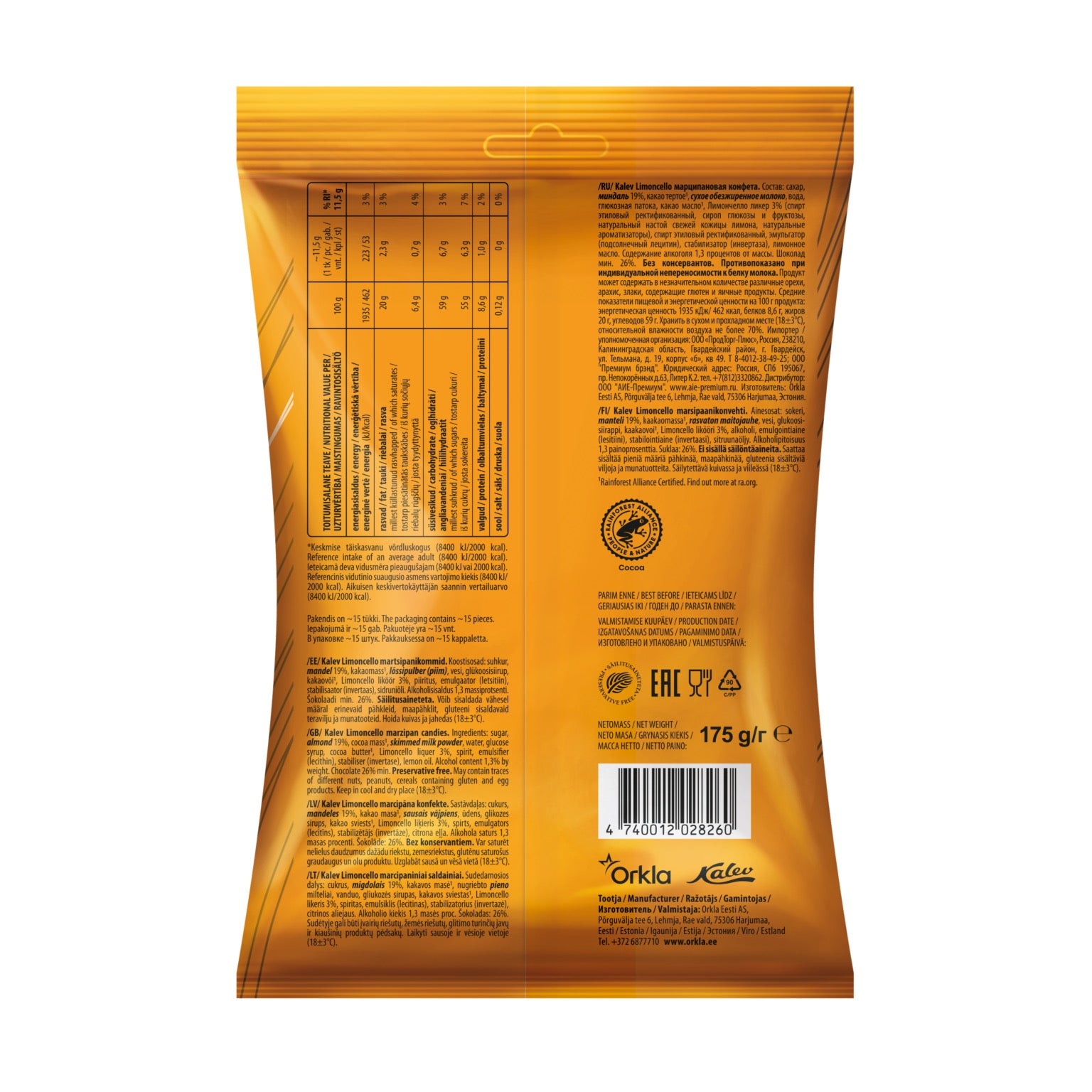 Kalev Citronu liķiera marcipāna konfektes 175g
