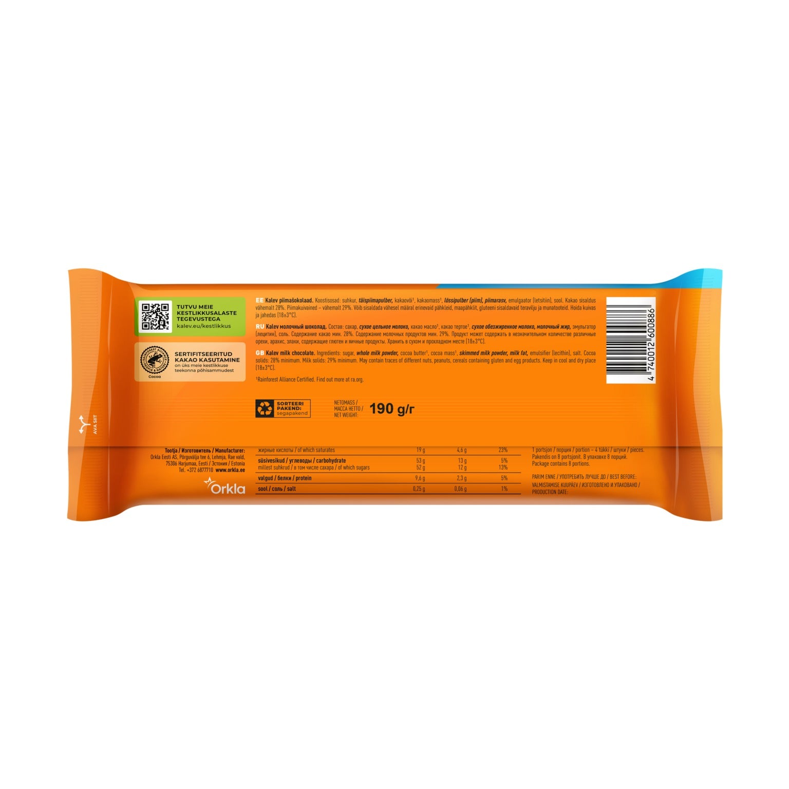 Kalev piena šokolāde 190 g
