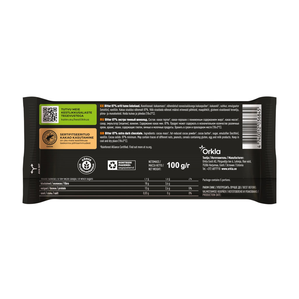 Kalev Bitter 87% tumšā šokolāde 100g