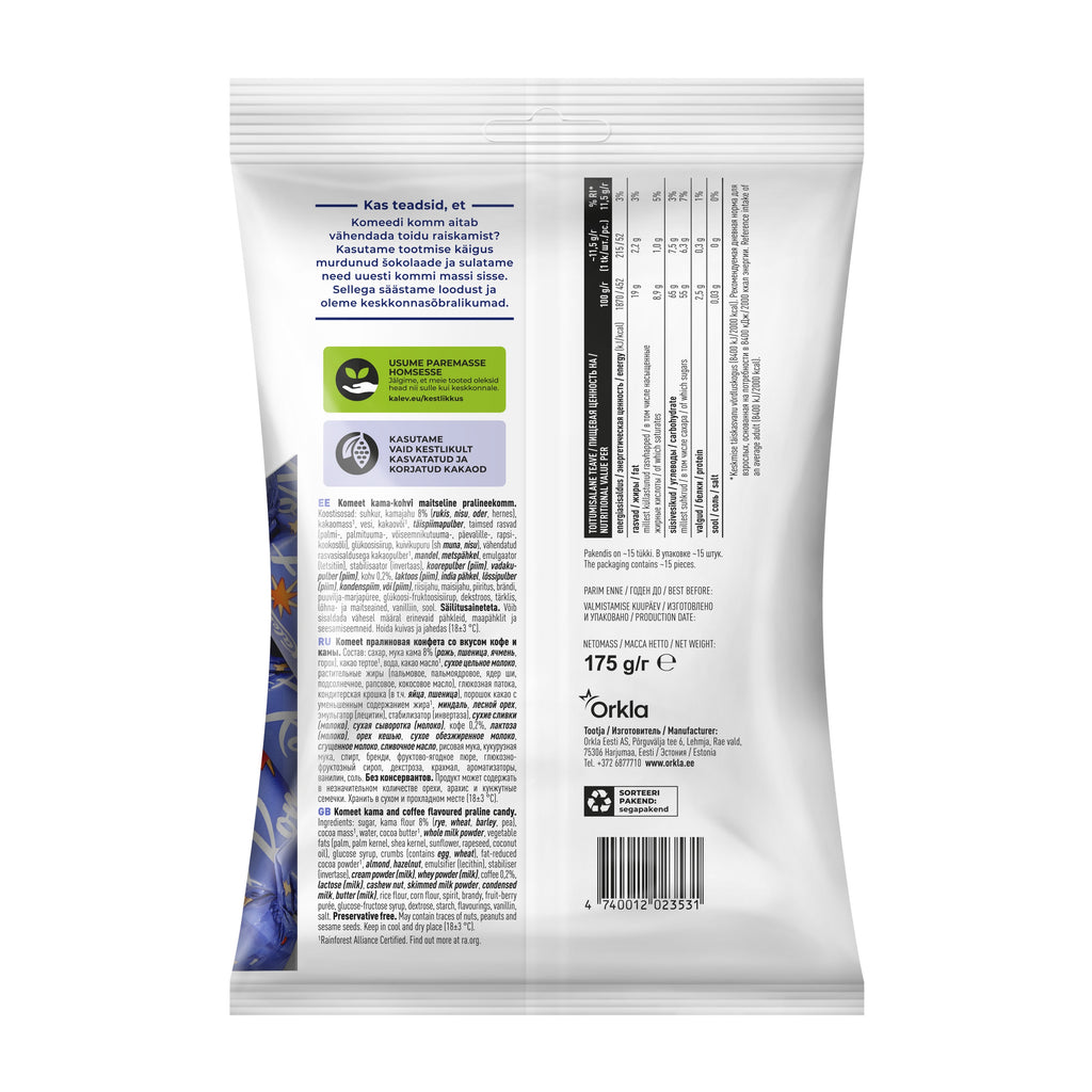 Kalev Komeet kama un kafijas garšas pralinē konfektes 175g